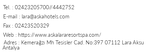 Aska Lara Resort Spa telefon numaralar, faks, e-mail, posta adresi ve iletiim bilgileri